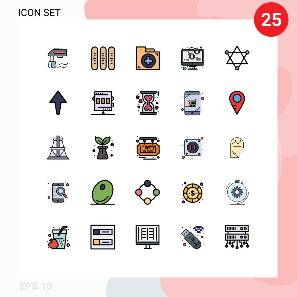 Group of 25 Modern Filled line Flat Colors Set for warn secured loaf code first Editable Vector Design Elements