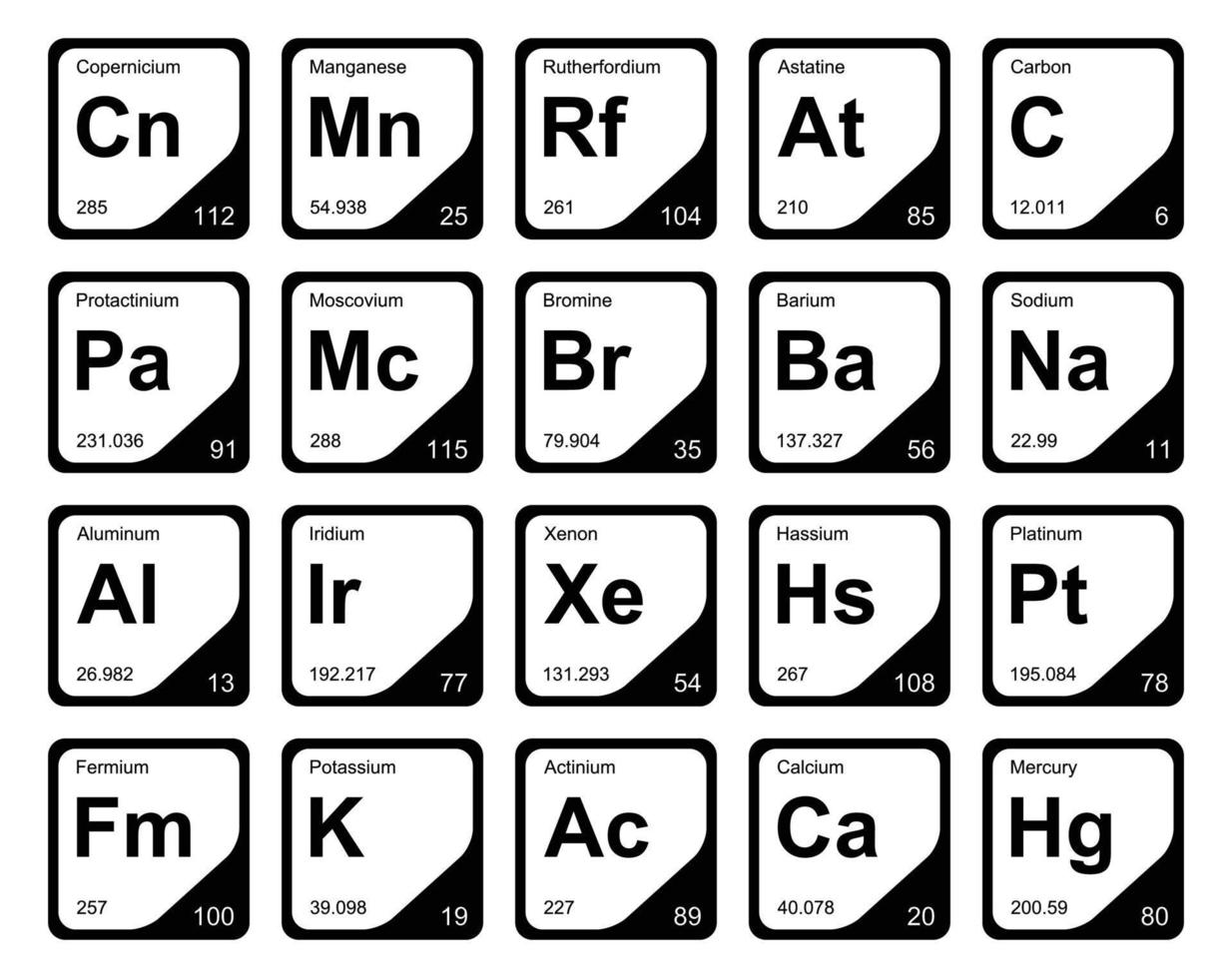 diseño de paquete de iconos de 20 tablas preiodicas de los elementos vector