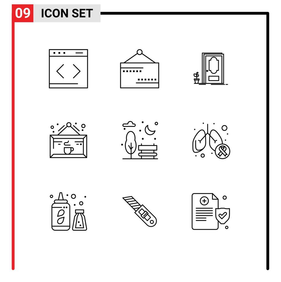 Universal Icon Symbols Group of 9 Modern Outlines of bench cup door coffee drink Editable Vector Design Elements