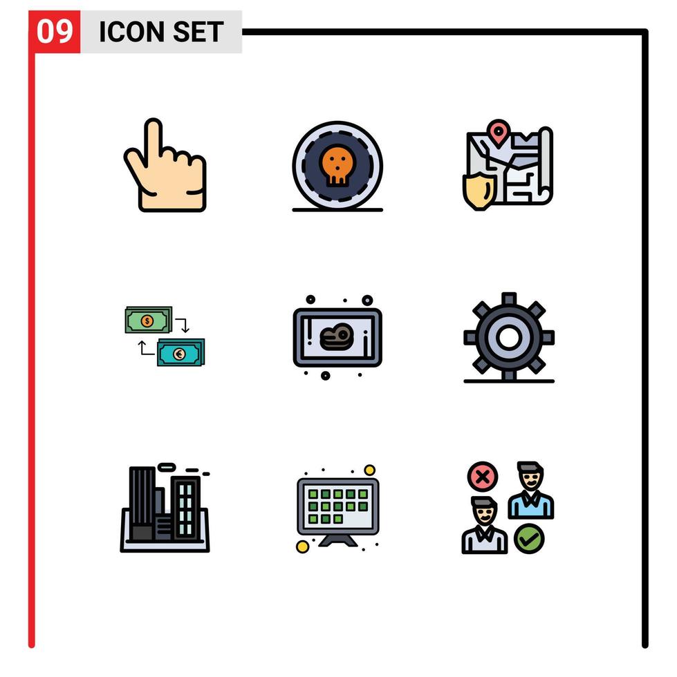 grupo de 9 colores planos de línea de llenado modernos establecidos para el mapa de finanzas de dinero elementos de diseño de vectores editables de negocios en euros