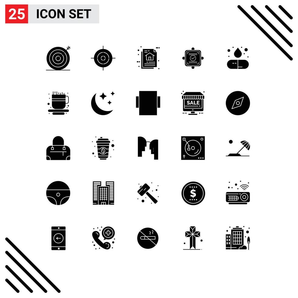 Modern Set of 25 Solid Glyphs Pictograph of drug agreement data card ok Editable Vector Design Elements