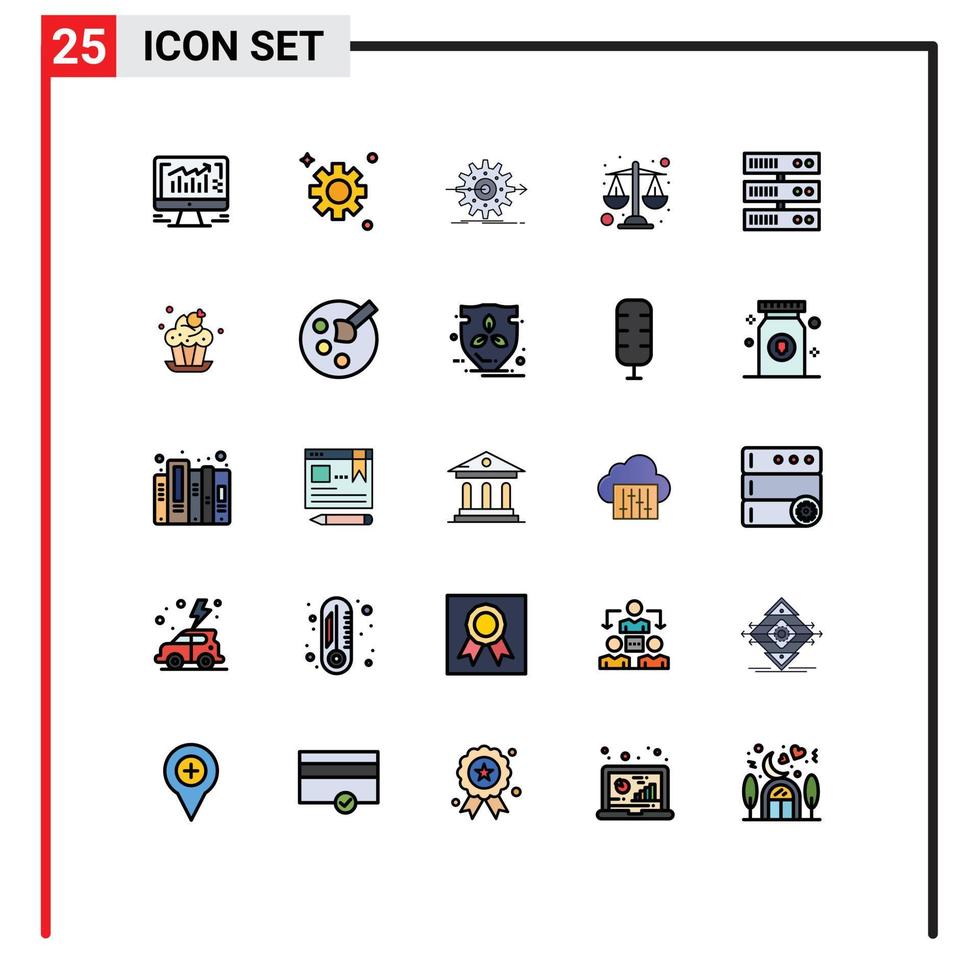 Pack of 25 Modern Filled line Flat Colors Signs and Symbols for Web Print Media such as server backup progress scales balance Editable Vector Design Elements