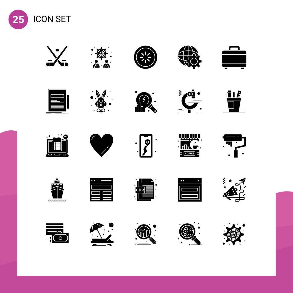 25 User Interface Solid Glyph Pack of modern Signs and Symbols of project internet buffer globe loading Editable Vector Design Elements