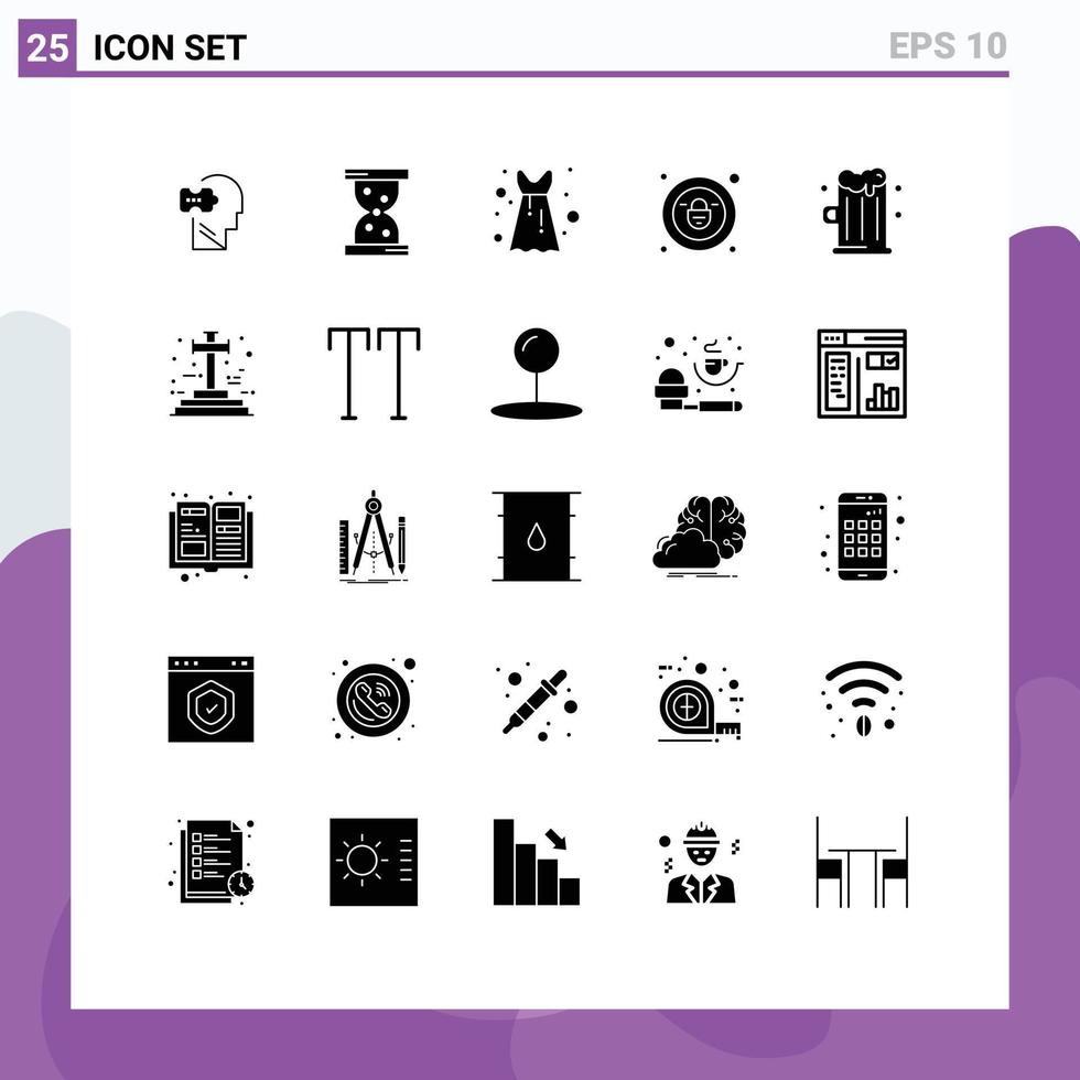 Mobile Interface Solid Glyph Set of 25 Pictograms of grave food frock drink security Editable Vector Design Elements