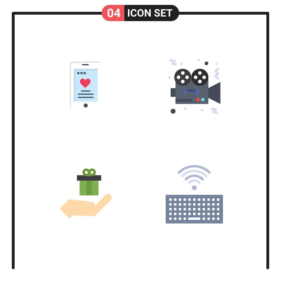 conjunto moderno de 4 iconos planos pictograma de video de boda de regalo celular presente elementos de diseño vectorial editables vector