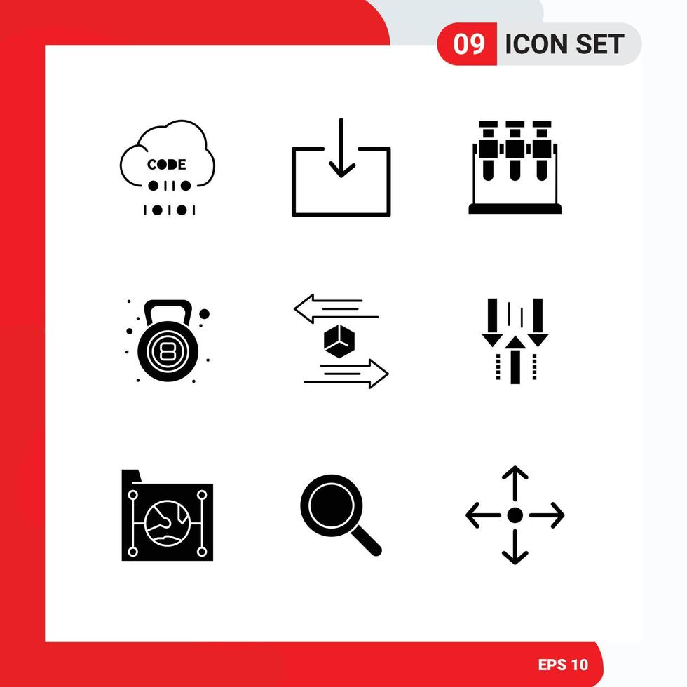 9 Universal Solid Glyph Signs Symbols of logistic box chemistry fitness kettle bell Editable Vector Design Elements