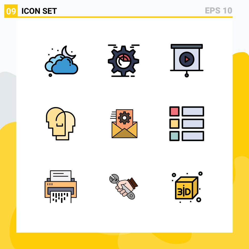 Group of 9 Modern Filledline Flat Colors Set for data integration feelings cog empathy hat Editable Vector Design Elements