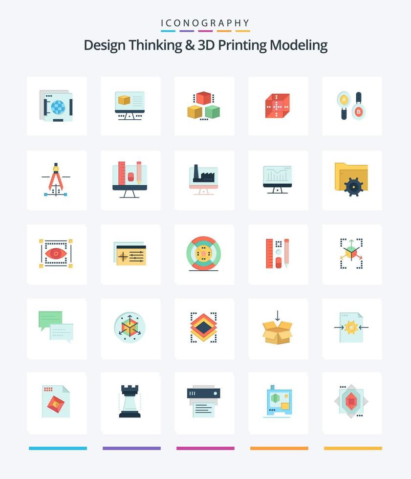 Creative Design Thinking And D Printing Modeling 25 Flat icon pack  Such As drawing. computing. box. sign. research vector