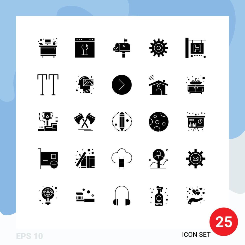 Modern Set of 25 Solid Glyphs Pictograph of travel cogs mail wheel gear Editable Vector Design Elements