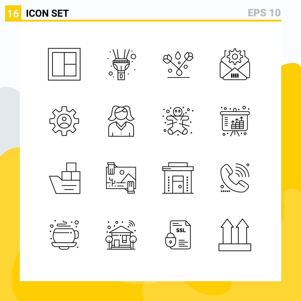 Set of 16 Modern UI Icons Symbols Signs for profile gear decoration gear mail Editable Vector Design Elements