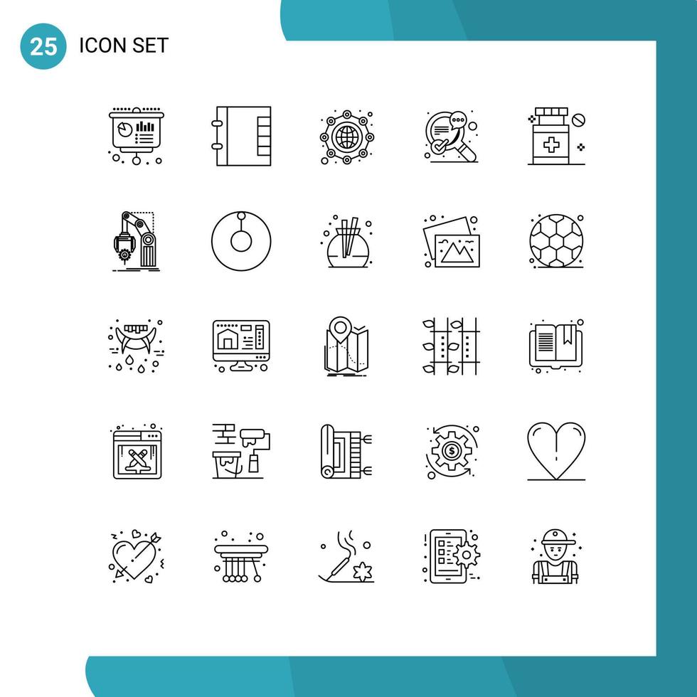 conjunto moderno de pictogramas de 25 líneas de elementos de diseño de vectores editables de búsqueda de éxito global de discurso de hospital