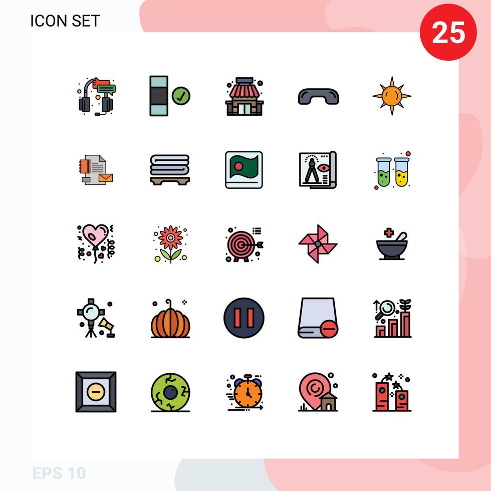 Pictogram Set of 25 Simple Filled line Flat Colors of sun phone building hang up decline Editable Vector Design Elements