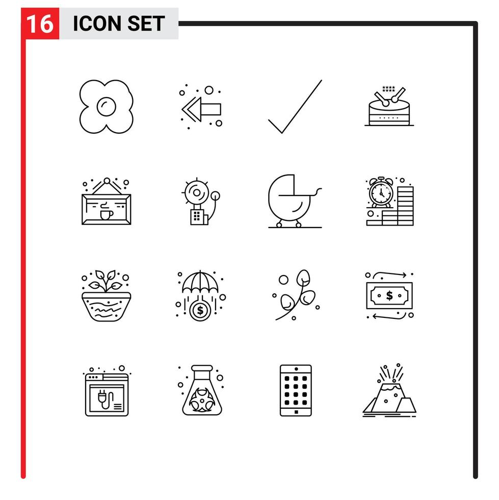 16 Universal Outline Signs Symbols of shop coffee tick cafe parade Editable Vector Design Elements
