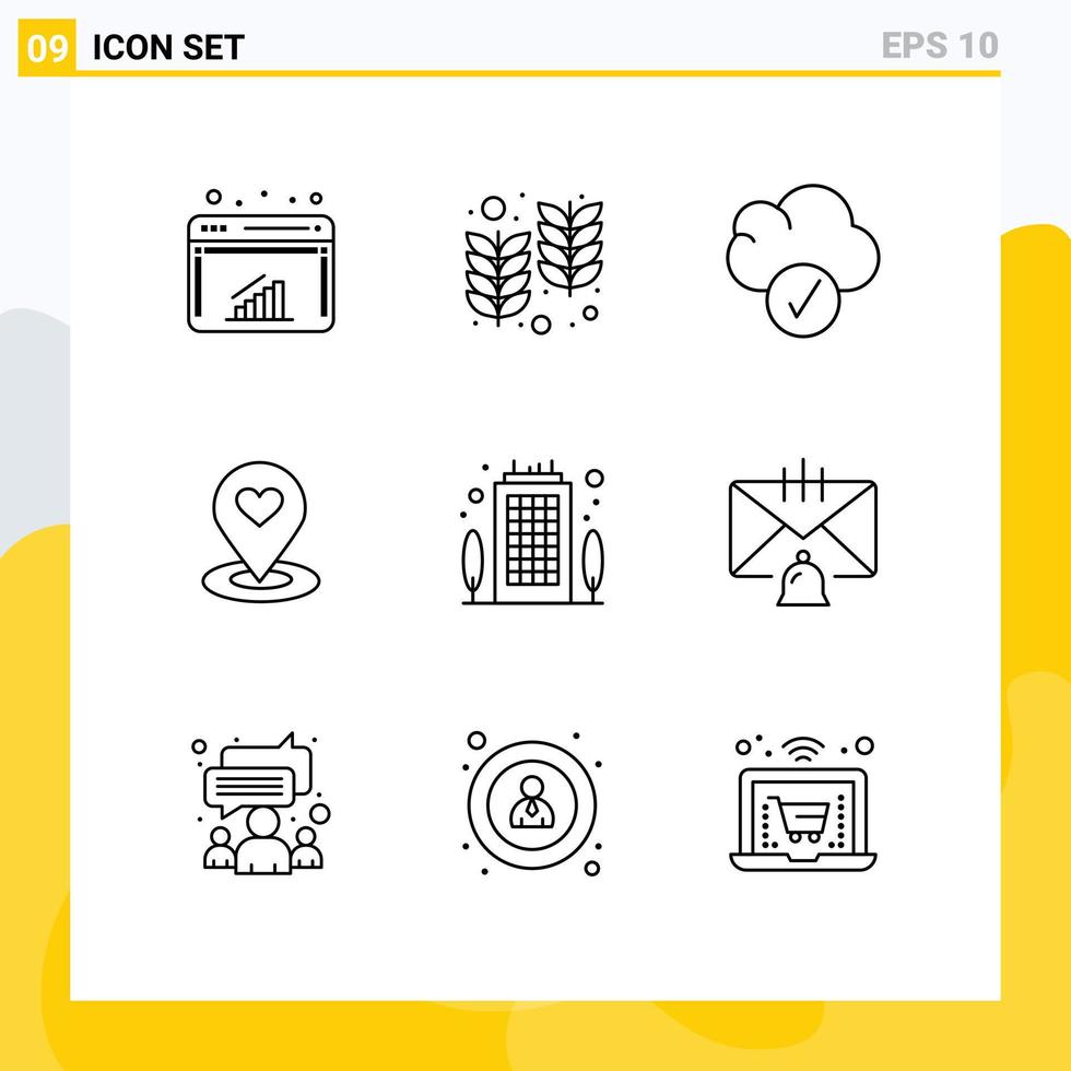 Pack of 9 creative Outlines of business heart cloud pin map Editable Vector Design Elements