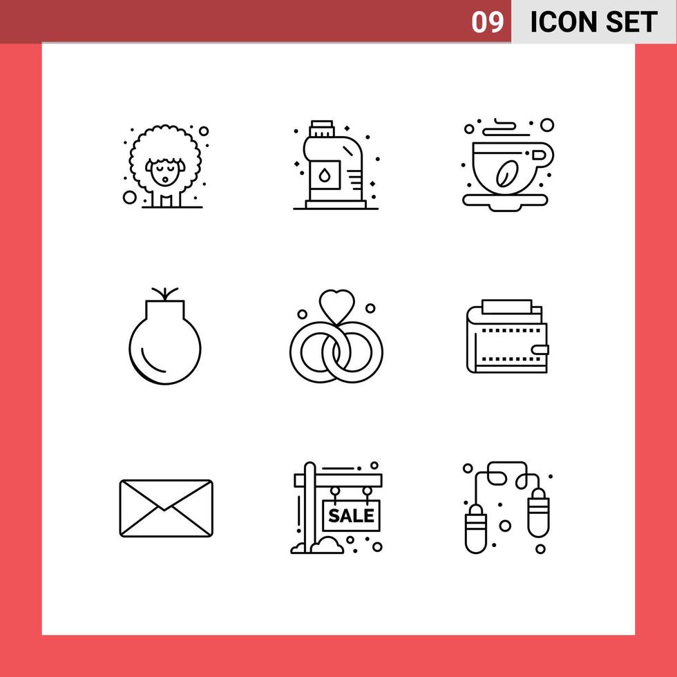 9 Universal Outline Signs Symbols of rings weapons coffee cup military gun Editable Vector Design Elements