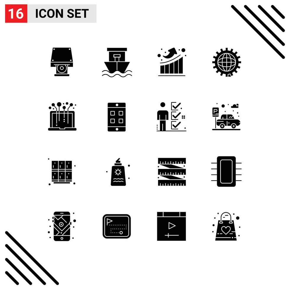 Set of 16 Commercial Solid Glyphs pack for hardware global graph development coding Editable Vector Design Elements