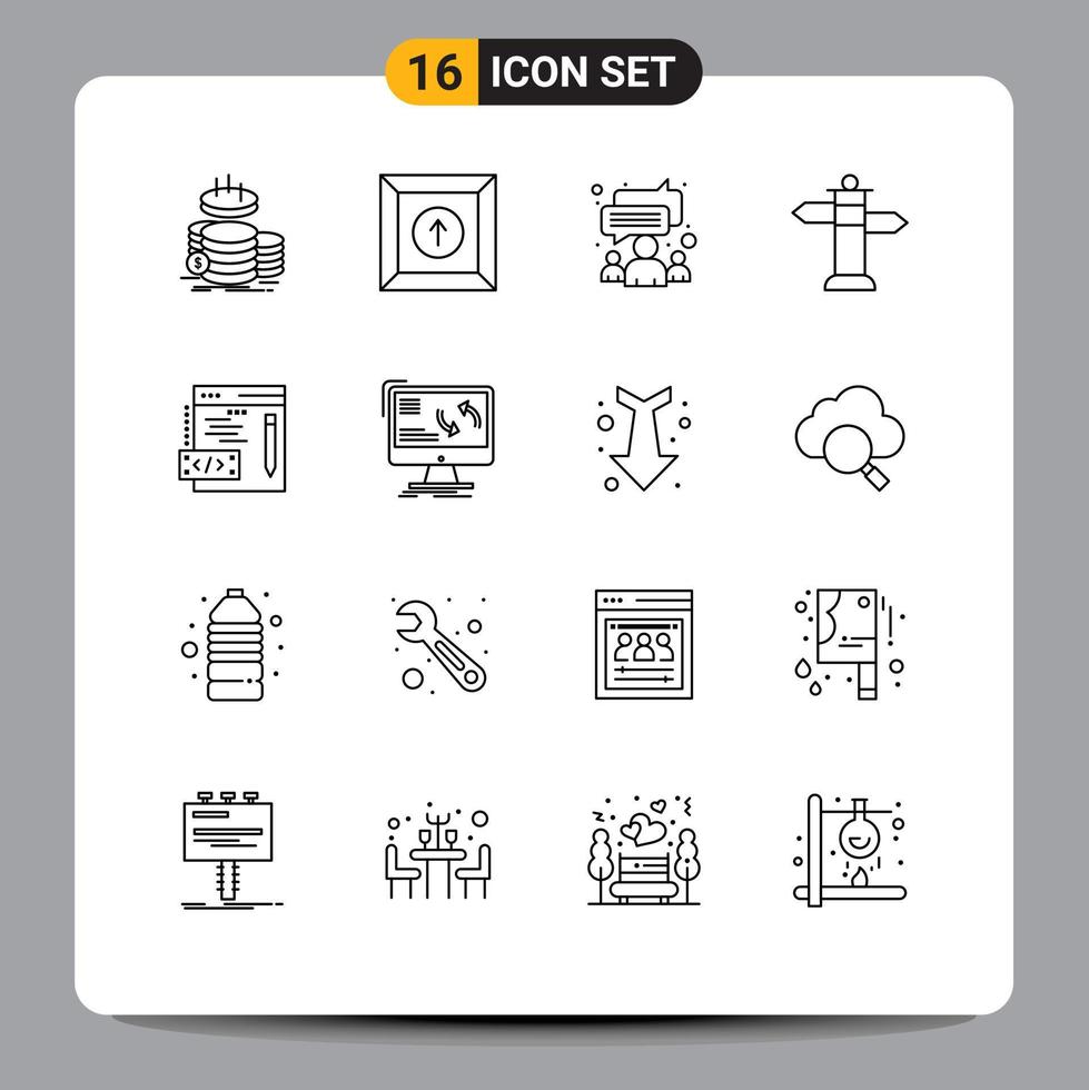 Group of 16 Outlines Signs and Symbols for web coding chat street navigation Editable Vector Design Elements