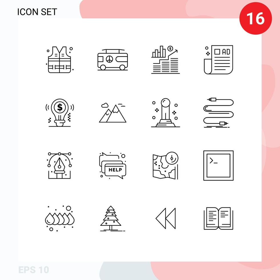 Pack of 16 Modern Outlines Signs and Symbols for Web Print Media such as business idea investment tips business tips Editable Vector Design Elements