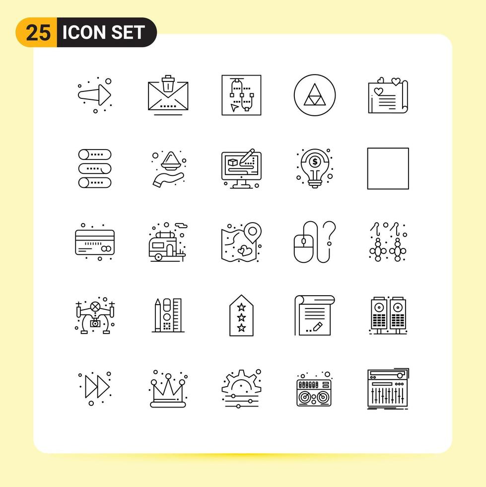 símbolos de iconos universales grupo de 25 líneas modernas de simbolismo de cartas de amor signo de ratón elementos de diseño de vectores editables mágicos