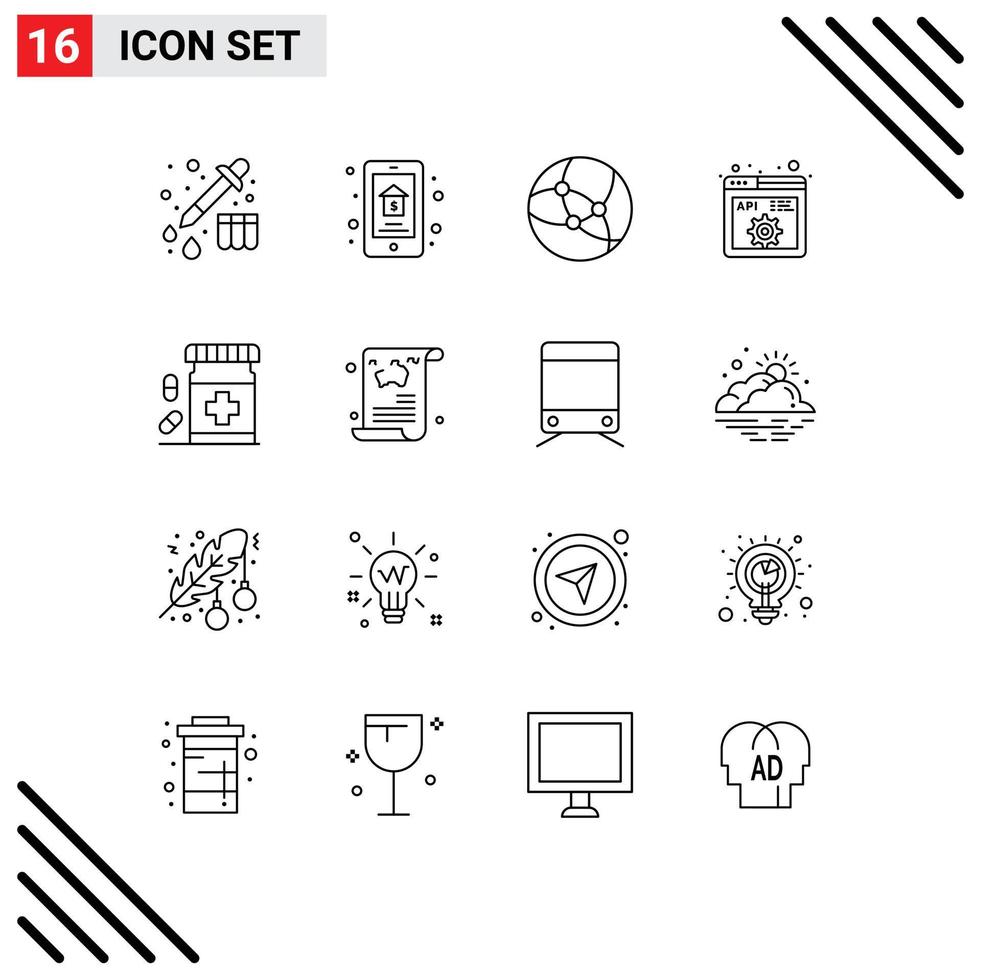 Outline Pack of 16 Universal Symbols of drugs bottle internet programming code Editable Vector Design Elements