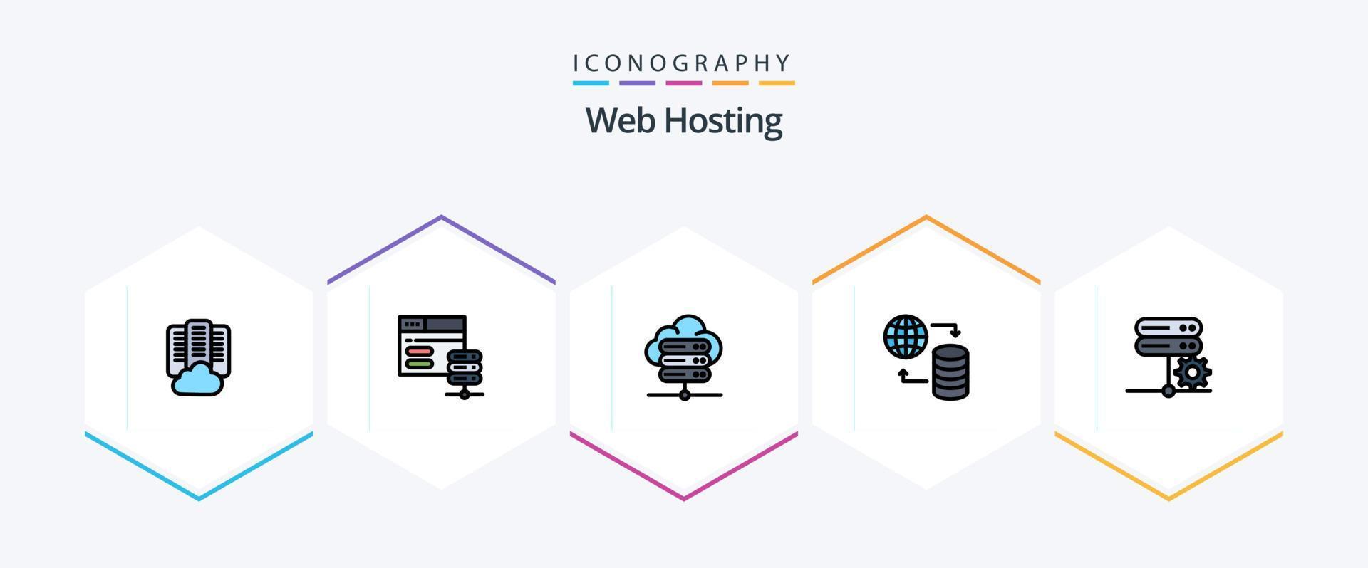 Web Hosting 25 FilledLine icon pack including server. database. database. web. world vector