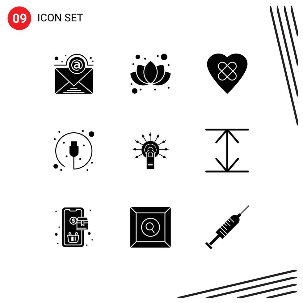 9 User Interface Solid Glyph Pack of modern Signs and Symbols of touch here ok patch click cable Editable Vector Design Elements