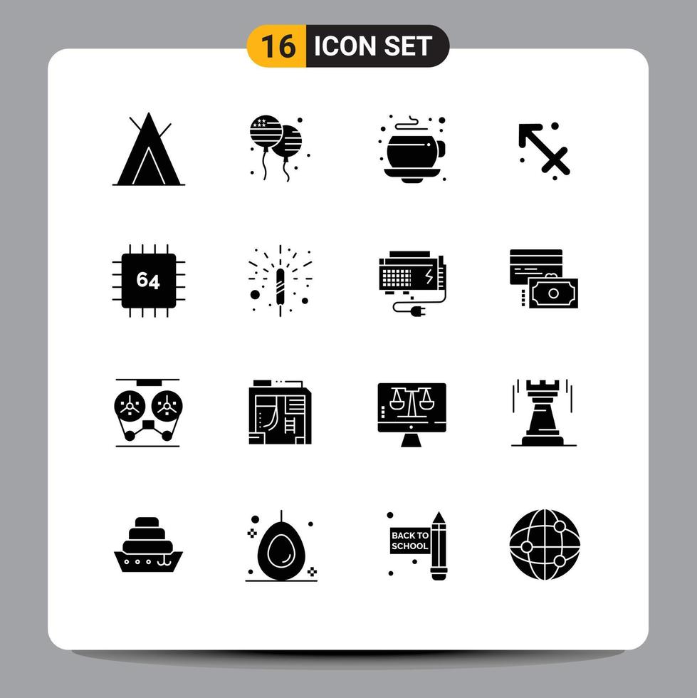 Group of 16 Modern Solid Glyphs Set for gadget computers cup chip zodiac Editable Vector Design Elements