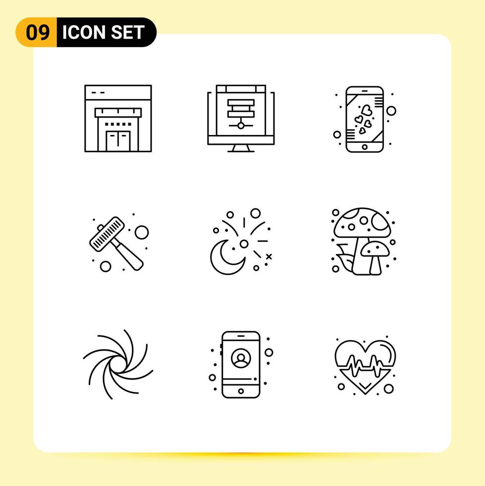 9 Outline concept for Websites Mobile and Apps cresent steak heart meat hammer Editable Vector Design Elements