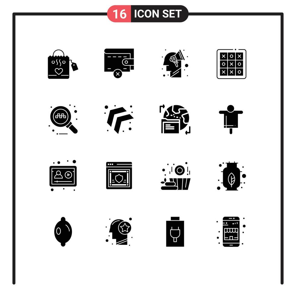 Modern Set of 16 Solid Glyphs and symbols such as search game plan tic tac toe toe Editable Vector Design Elements