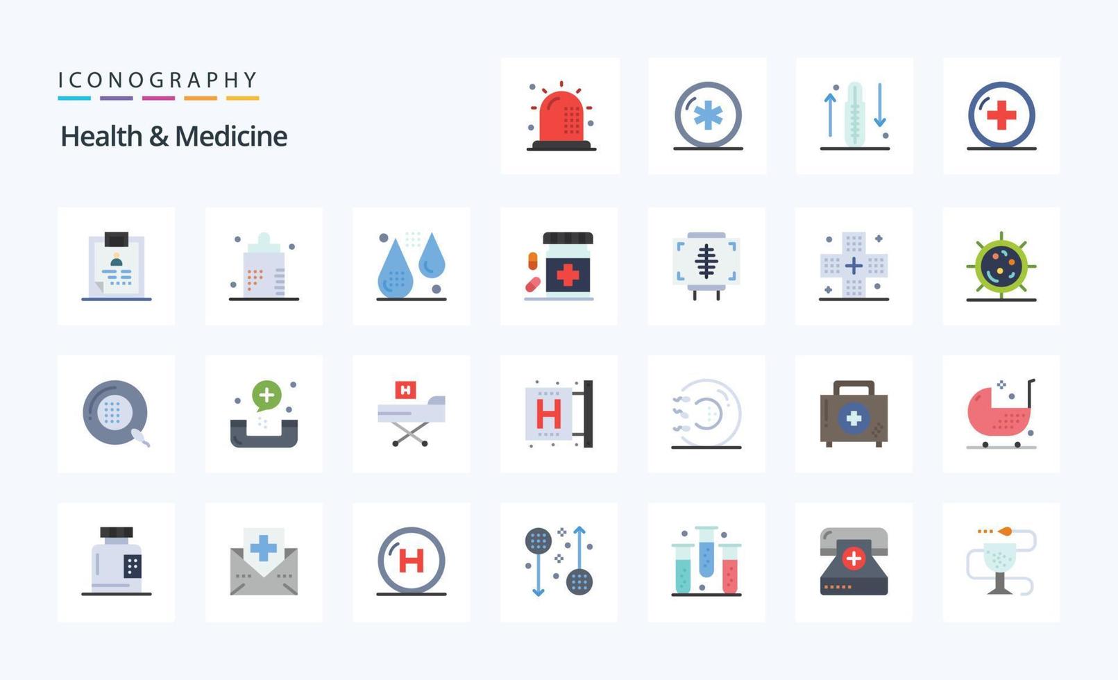 paquete de iconos de color plano de medicina de 25 salud vector