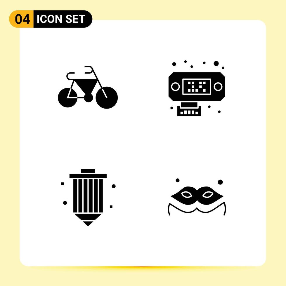 4 Universal Solid Glyphs Set for Web and Mobile Applications bicycle pencil connection coding costume Editable Vector Design Elements