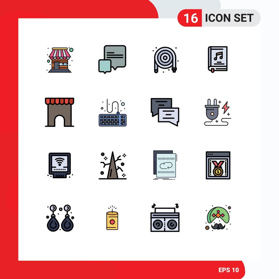 16 User Interface Flat Color Filled Line Pack of modern Signs and Symbols of institute building video mechanical music book Editable Creative Vector Design Elements