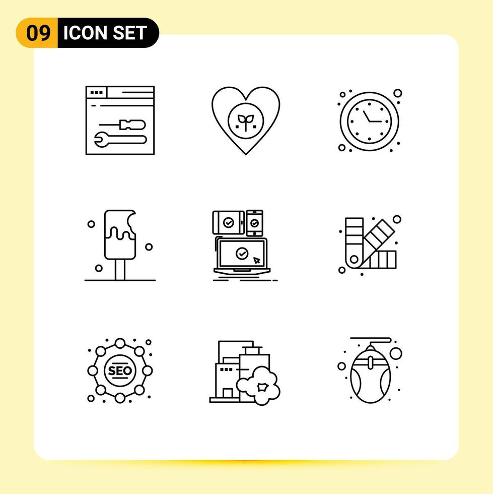 9 Outline concept for Websites Mobile and Apps computer ice cream like food time optimization Editable Vector Design Elements