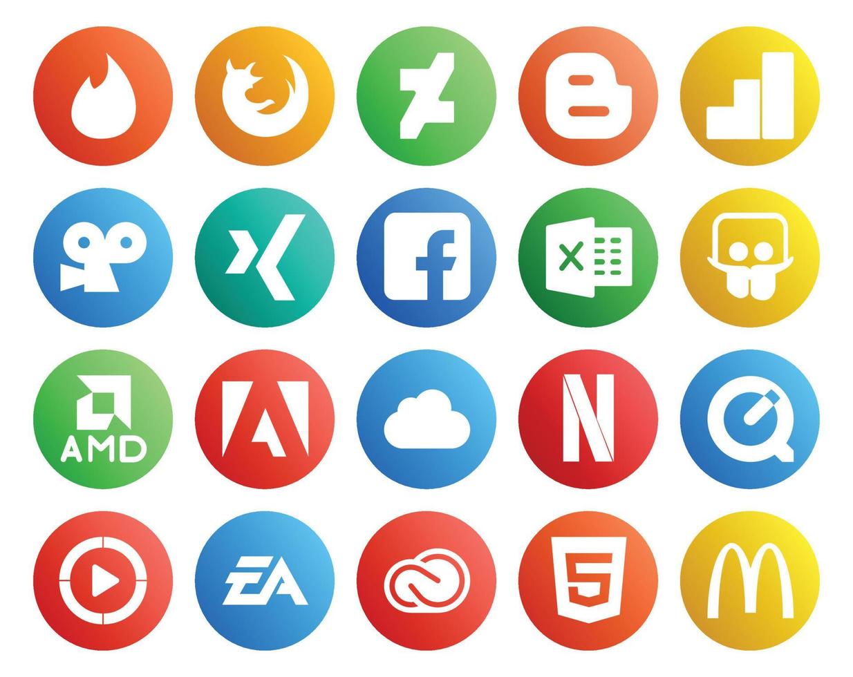 20 Social Media Icon Pack Including video quicktime facebook netflix adobe vector