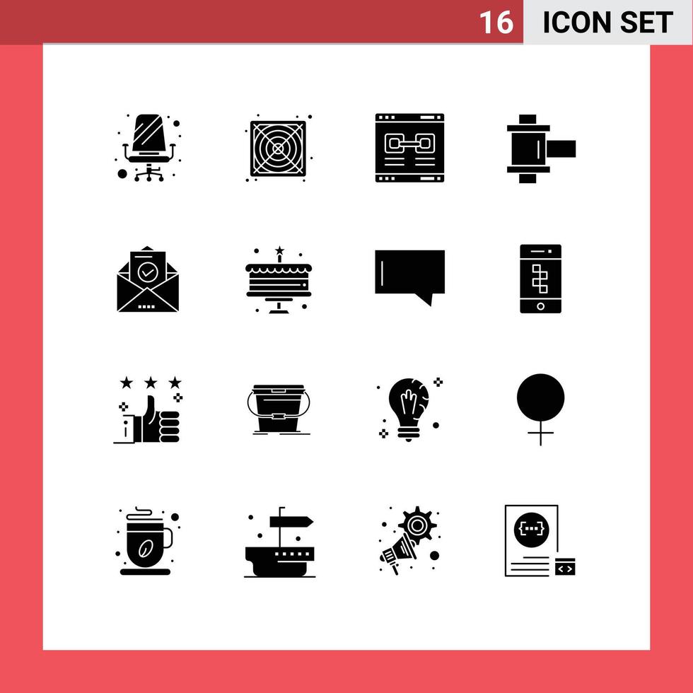 16 concepto de glifo sólido para sitios web móviles y aplicaciones sobre elementos de diseño vectorial editables de película de carrete de enlace de correo vector