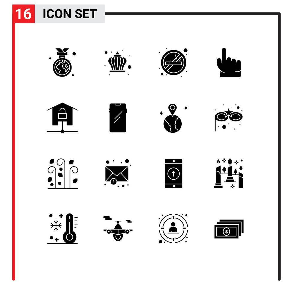 Mobile Interface Solid Glyph Set of 16 Pictograms of home touch cigarette point finger Editable Vector Design Elements