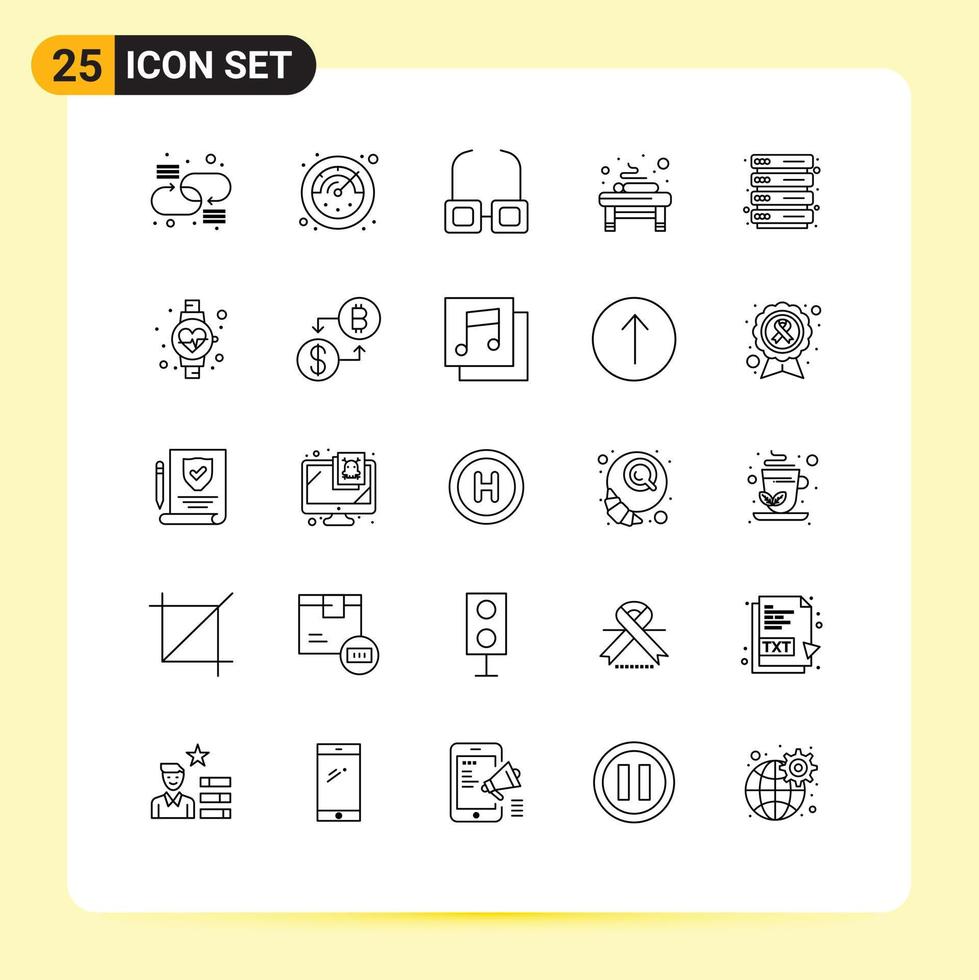 Pack of 25 Modern Lines Signs and Symbols for Web Print Media such as diet rack read hosting relaxation Editable Vector Design Elements