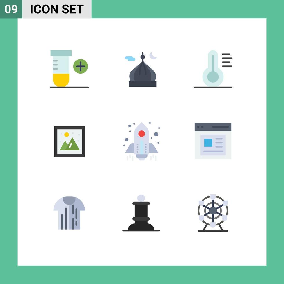 Mobile Interface Flat Color Set of 9 Pictograms of startup rocket medical picture interior Editable Vector Design Elements