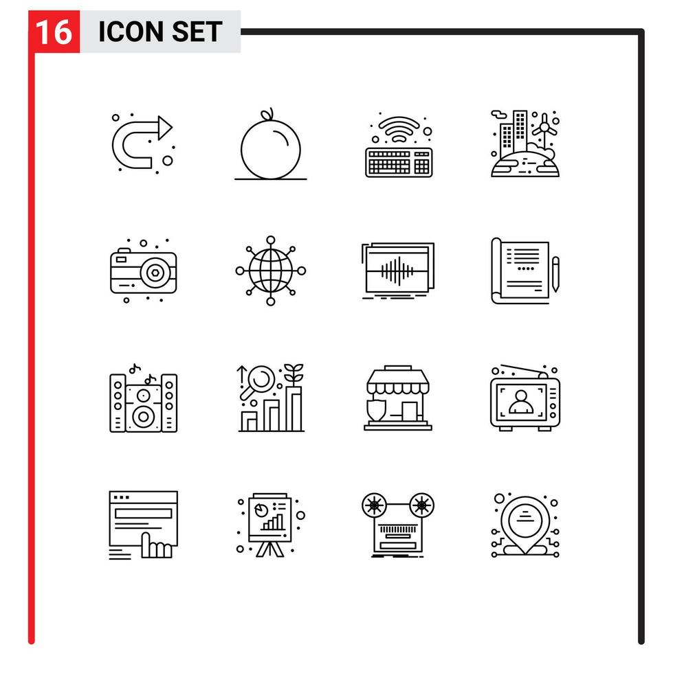 Pictogram Set of 16 Simple Outlines of internet photo wifi camera solar Editable Vector Design Elements