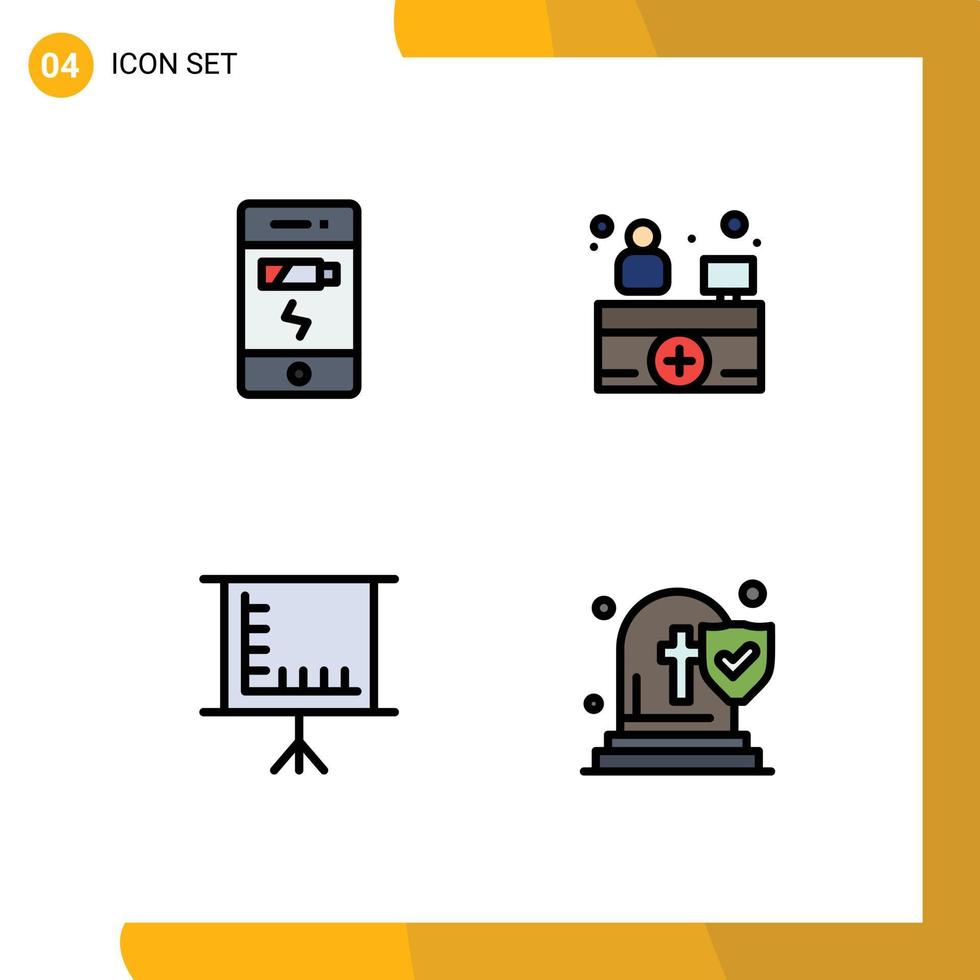 Group of 4 Modern Filledline Flat Colors Set for battery education status medical death Editable Vector Design Elements