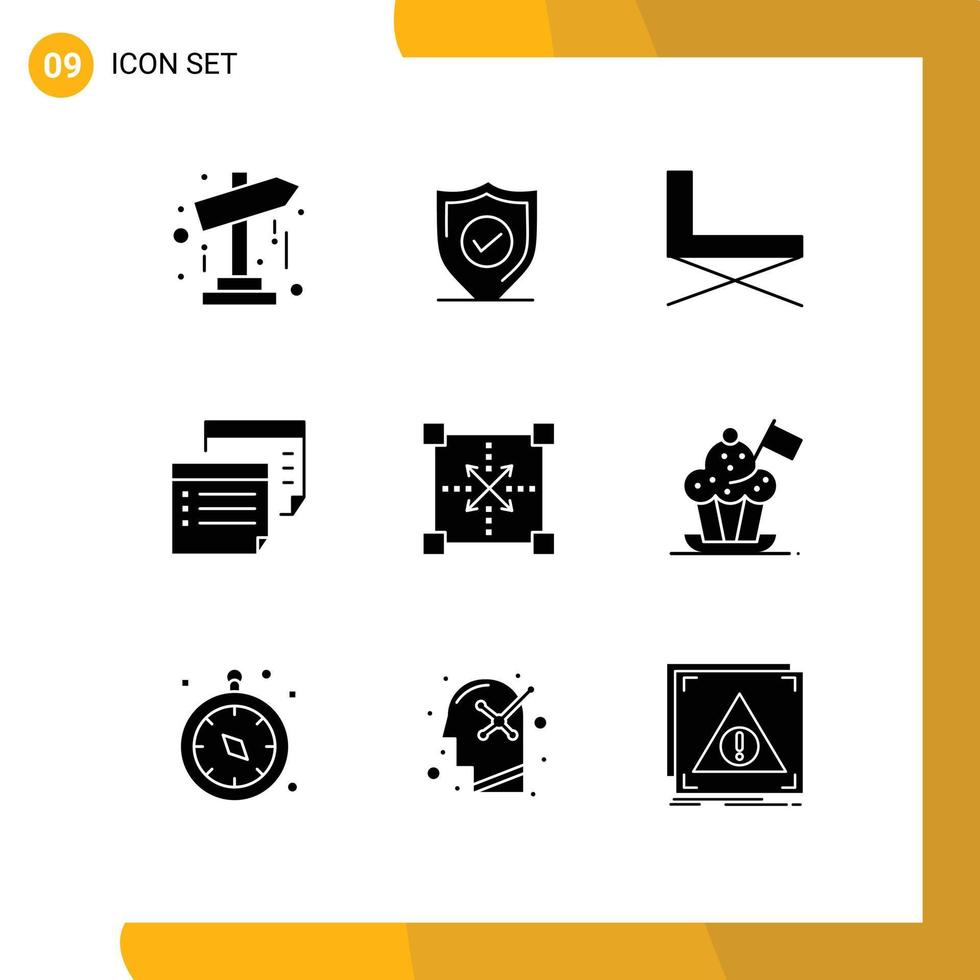 Solid Glyph Pack of 9 Universal Symbols of reminder paper chair notes sit Editable Vector Design Elements