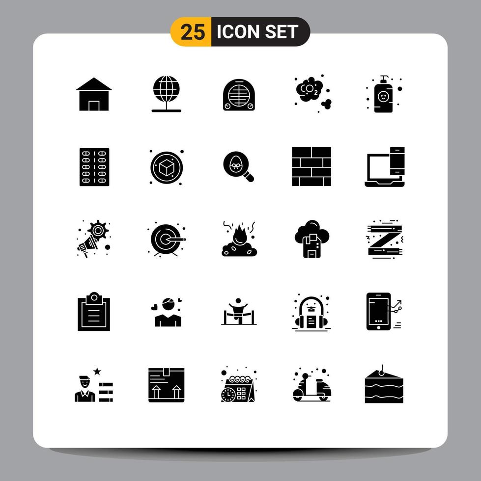 Set of 25 Vector Solid Glyphs on Grid for baby lotion co world carbon dioxide home Editable Vector Design Elements