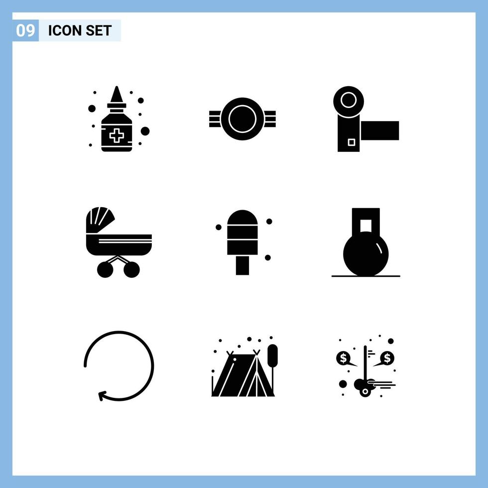 Editable Vector Line Pack of 9 Simple Solid Glyphs of push baby rank trolly gadgets Editable Vector Design Elements