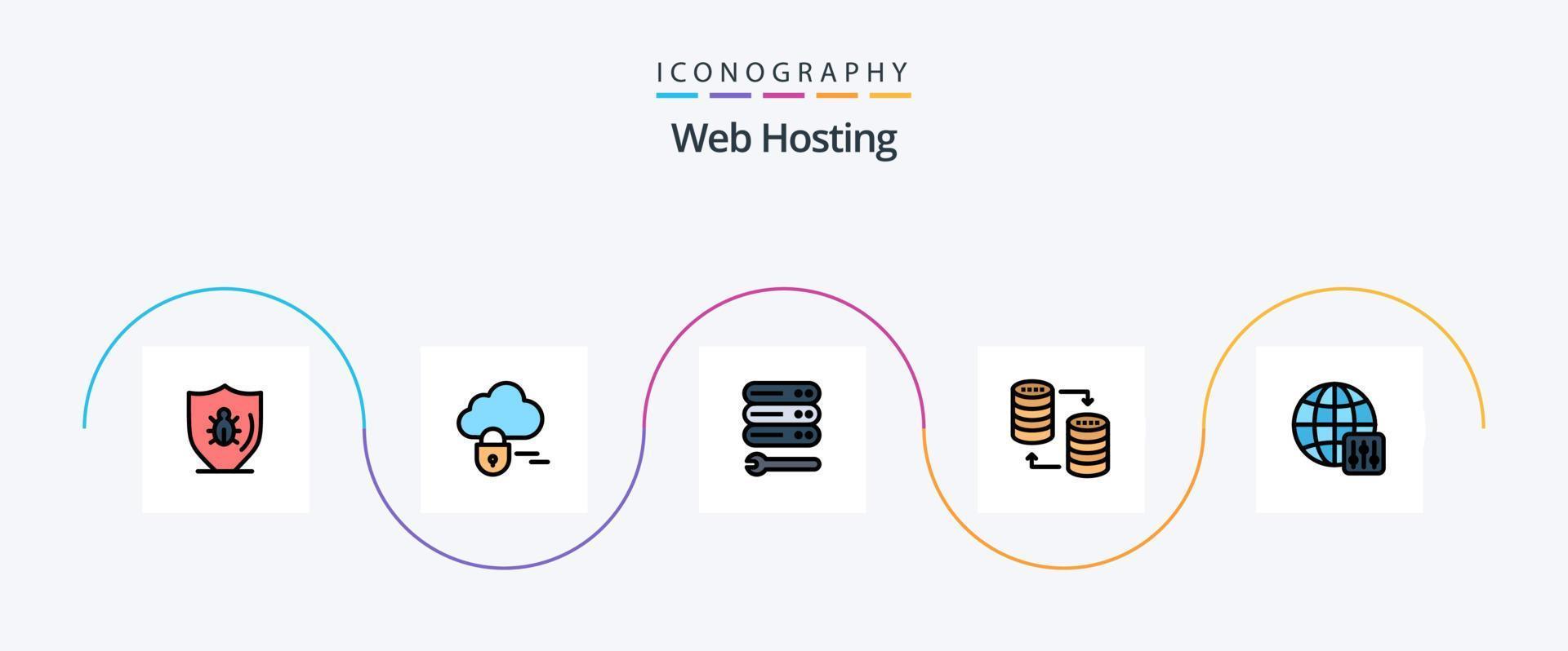 Web Hosting Line Filled Flat 5 Icon Pack Including world. storage. server. sql. database vector