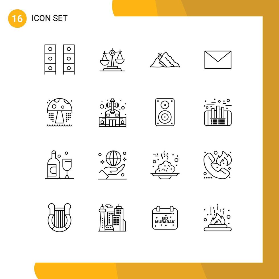 Mobile Interface Outline Set of 16 Pictograms of sun hill justice landscape scales Editable Vector Design Elements