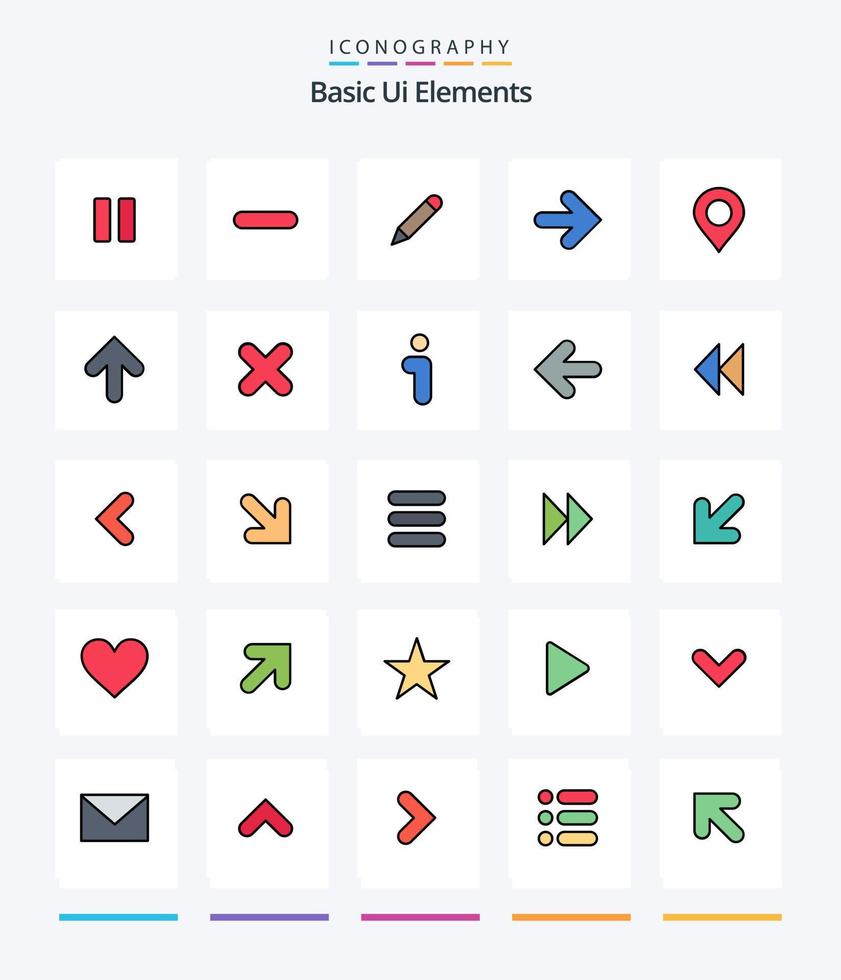 Paquete de iconos rellenos de 25 líneas de elementos básicos creativos de la interfaz de usuario, como la ubicación. derecho. lápiz. flechas flecha vector