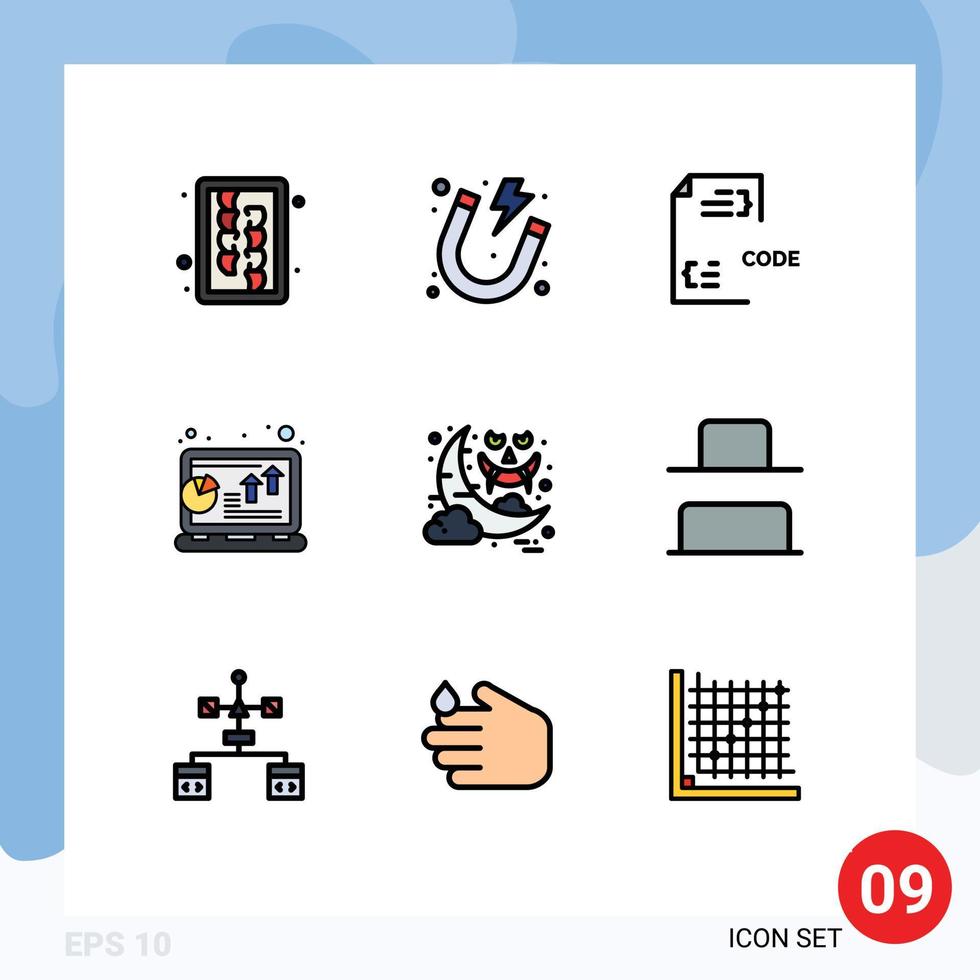 Mobile Interface Filledline Flat Color Set of 9 Pictograms of profit grow code chart document Editable Vector Design Elements