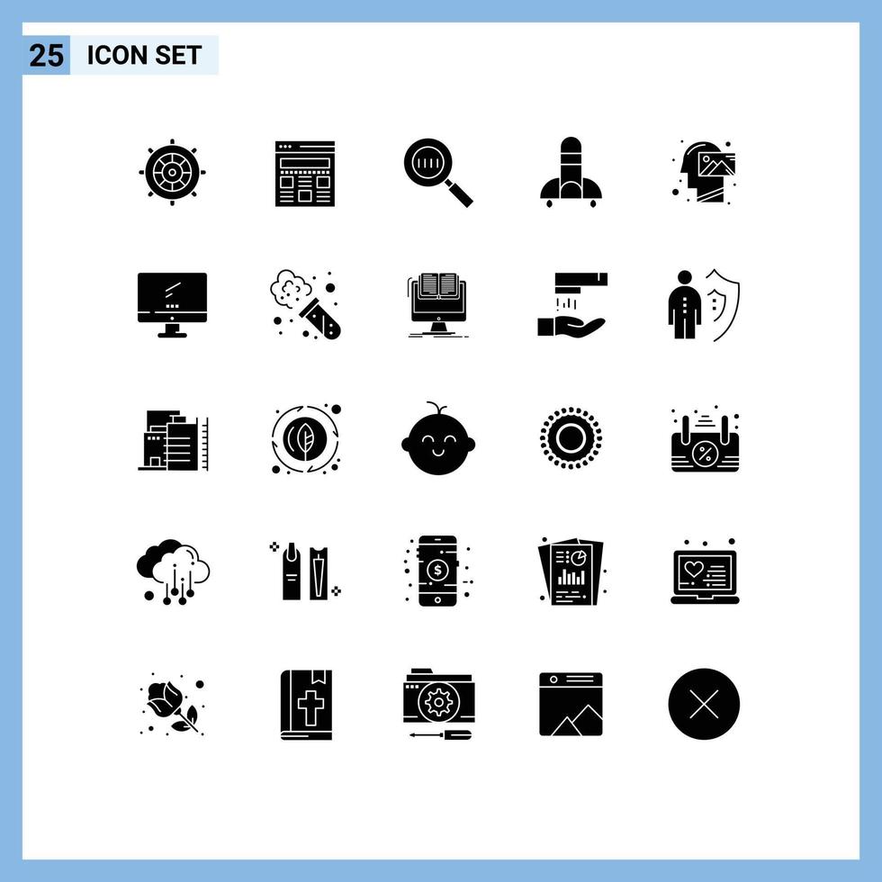 conjunto de pictogramas de 25 glifos sólidos simples de misión código humano búsqueda ciencia espacial elementos de diseño vectorial editables vector