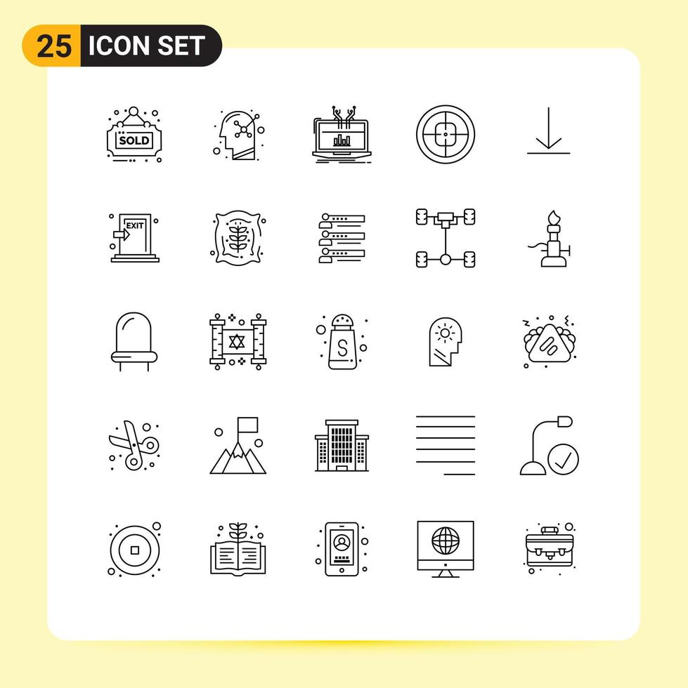 Mobile Interface Line Set of 25 Pictograms of target military analysis badge platform Editable Vector Design Elements