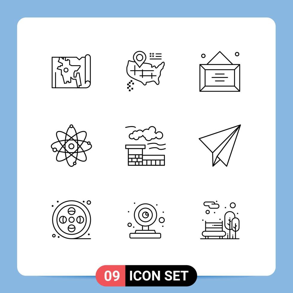 Pack of 9 Modern Outlines Signs and Symbols for Web Print Media such as industry science desk chemistry nuclear Editable Vector Design Elements